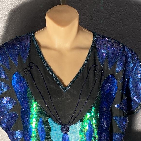 PHOOL - NWT - top: vintage black s/s sequins / butterfly, shldr pads, lining - L - Picture 3 of 16